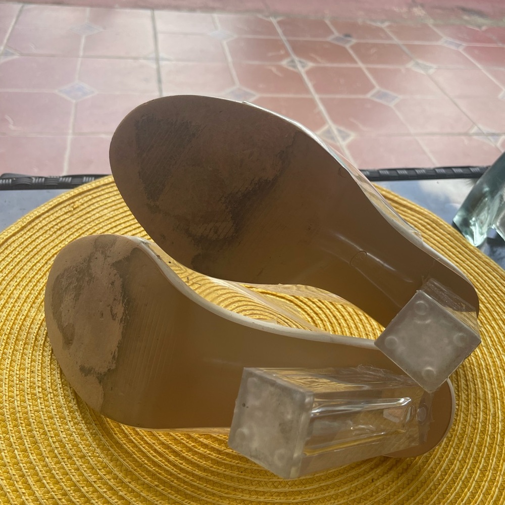 Cream High Heel Mule Sandals with Clear Straps - Picture 3 of 3